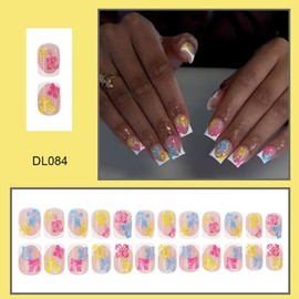 White French Tips Press on Nails Short Square Fake Nails with Blue Yellow Pink Flower Design Glue on Nails Glossy Spring Nails Reusable Summer False Nails for Women Girls Manicure 24pcs