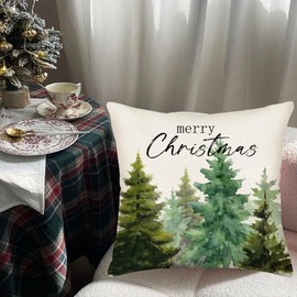 Smilyard Christmas Pillow Covers 18x18 Inch Merry Christmas Tree Watercolor Green Farmhouse Decoration Throw Pillow Cover Winter Holiday Pillows Cushion Cover Cotton Linen for Sofa Couch