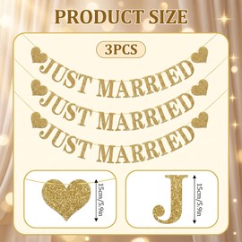 Guttiuaa Just Married Banner, 3 Pcs Gold Glitter Wedding Bunting Decoration