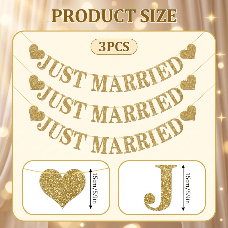 Guttiuaa Just Married Banner, 3 Pcs Gold Glitter Wedding Bunting