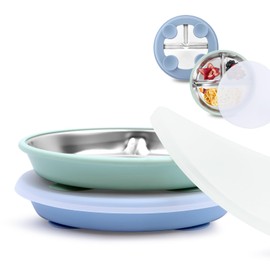 Bakpoco Stainless Steel Toddler Suction Plate with Lid, Deeper 9" Divided Plates with Removable Silicone Sleeves for Kids, Non Toxic & BPA Free | Unbreakable Baby Snack Dishes Set of 2, Blue & Sage