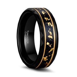 Greenpod 8MM Tungsten Carbide Rings for Men Hammered Polished Faceted Edge Wedding Band Gold foil with Black Dinas Inlay Comfort Fit Size 12