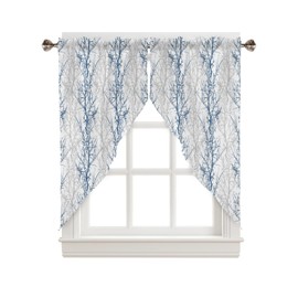Navy Blue Grey Branch Swag Valances for Windows 2 Pack, Kitchen Window Curtains 36 Inch Length, Spring Summer Pastoral Botanical Privacy Swag Curtains for Living Room/Bathroom with Rod Pocket 36"x36"