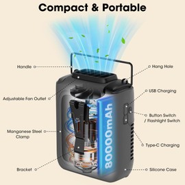 Portable Waist Clip Fan, 8000mAh Personal Cool Clip Fan Under Shirt with Max 30H Working Time & 3 Speeds 5500RPM Strong Airflow, Hands-free Wearable Body Belt Fan for Outdoor