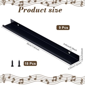 twinklemon 9PCS Vinyl Record Shelf Wall Mount 12 Inch Black Metal Record Holder Display Floating Shelves for Wall Magazine Shelf Minimalist Record Wall Storage Set for Bedroom Living Room Office