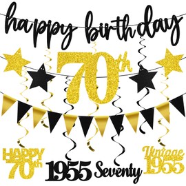 70th Birthday Decorations for Men Women, 12PCS Black Gold Happy 70th Birthday Banner Triangle Flag Banner Glitter Hanging Swirls, Vintage 1955 Cheers to 70 Years Old Decor Party Supplies
