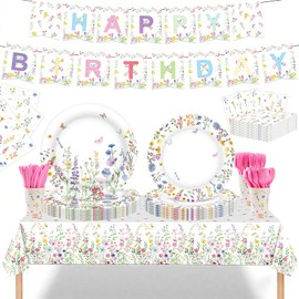 353 PCS Wildflower Party Decorations for 50 Guests Spring Floral Plates and Napkins Sets Supplies Include lates, Cups, Napkins, Cutlery, Banner, Tablecloth