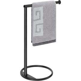 NearMoon Hand Towel Holder Stand, Thicken Metal L Shape Hand Towel Rack, Small Towel Ring, Stable Standing Towel Bar for Bathroom Kitchen Vanity Countertop, 8” L 14” H (Matte Black, 1 Pack)