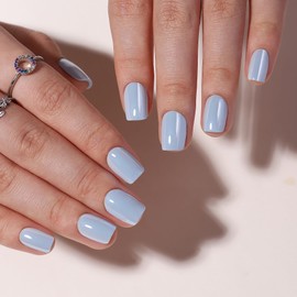 Blue Press on Nails Short Square Fake Nails Chrome Glossy Nail Tips Glue on Nails with Nail Glue, Reusable Full Cover Acrylic Stick on Nails for Women Manicure Kit 16 Sizes - 32 Soft Gel False Nails