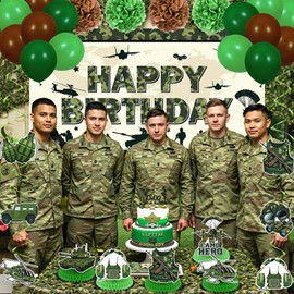 Camo Birthday Party Decorations Camouflage Birthday Banner Backdrop Balloons Hanging Swirls Centerpieces Paper Pompoms for Men Kids Boys Camo Army Military Bday Party Supplies