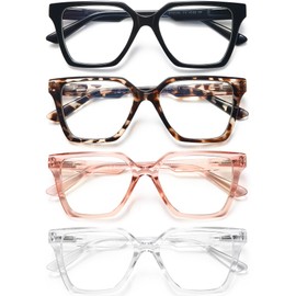EYEURL 4 Pack Fashion Oversized Reading Glasses for Women Men Blue Light Blocking Computer Square Readers with Spring Hinge Designer Ladies Large Frame Square Anti UV Ray Eyeglasses 2.5