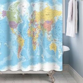 SDOTPMT 180 x 198 cm World Map Shower Curtain Countries and Cities Geography Bathroom Curtain Children's Educational Themed Blue Ocean Bath Curtain for Bathroom Decor with Hooks