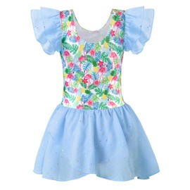 Girls Gymnastics Leotards Ballet Dance Outfit 6 7 Toddler Leotard Tutu Dress Flutter Sleeves Blue Flamingos Ballerina Dancewear (Blue, 6-7 Years)