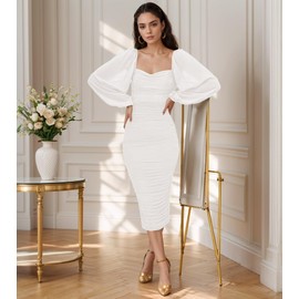 Mesh Midi Semi Formal Evening Dresses for Women Ruched Bodycon Slit Back Long Sleeve Going Out Club Dress M White