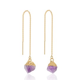 Fremttly Crystal Dangle Earrings, Long Chain Drop Earrings Gemstone Threader Earrings 14K Gold Plated Earrings for Women Trendy ER-Amethyst-2