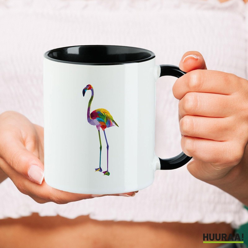 Huuraa Kaffeetasse Flamingo Colorful Geschenk 330ml Schwarz Flamingo Präsent