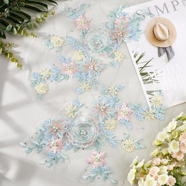 GORGECRAFT Pack of 2 3D Embroidered Flowers Fabric Patches Beads Lace Applique for Sew-On Motif Embroidery Floral Pattern Wedding Dress Sewing Accessories for Clothing Hats Jeans Clothing Decor Light
