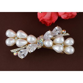 Alilang Womens Golden Tone Luxury Pearl Crystal Rhinestones Bow Tie Hair Clip