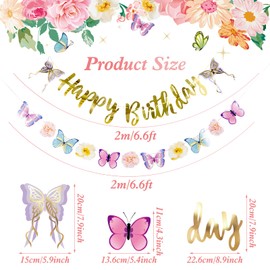 SUNBEAUTY Butterfly Happy Birthday Banner Butterfly Birthday Garden Party Decorations Fairy Party Decoration Summer Flowers Banner | Pre-Strung