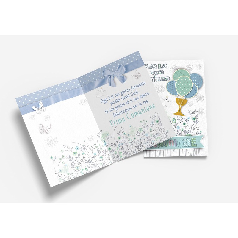 First Holy Communion Card - Offset Print (Light Blue Balloons)