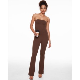 INLYRIC Women's Natrelax Strapless Jumpsuit - Yoga One Piece Bodycon Double Lined Sexy Tube Top Flare Leggings Rompers Coffee Brown Large