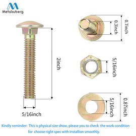 Metalsuberg 5/16" x 2" Carriage Bolt by Color Galvanization of Square Neck with Nylon Lock nut and Large Size Washer Assortment Kit,Carbon Steel,Grade 2.(8pcs Pack)