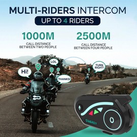 SWAREY V8 Motorcycle Bluetooth Headset 3PCS, Helmet Intercom for 3 Riders with FM and Music Sharing Noise Cancelling DSP&CVC HiFi Stereo 1000M to 2000M Intercomunicador Moto (3, Four-Channels)