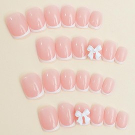 Pink Press-On Nails - Short Square False Nails With White French Tip, Glossy Nude Pink & Solid Colors, 24pcs