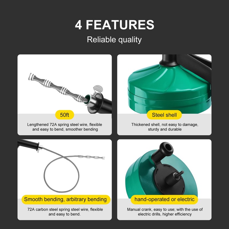 50 FT Drain Snake Auger - Flexible & Powerful Snake