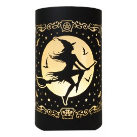 Wicca Witch by Moonlight On Broomstick with Bats LED Etched Glass Lantern Light