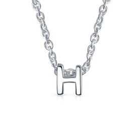 .925 Sterling Silver Small Block Uppercase Letter H Initial Pendant Necklace 16 Inches + 2" Extender