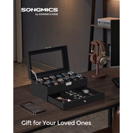 SONGMICS Watch Box, 12-Slot Watch Case Organizer with Large Glass Lid, 2 Layers, Removable Pillows, Metal Lock, Gift for Loved Ones, Black Synthetic Leather, Christmas Gift, Black Lining UJWB012B03