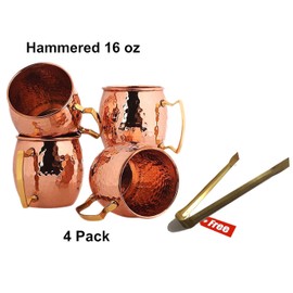 Set of 4 - Prisha India Craft Moscow Mule Solid Copper Mug 16 OZ - 100% Pure Copper Hammered Lacquered Finish, Cocktail Cup, Copper Mugs, Cocktail Mugs with No Inner Linings
