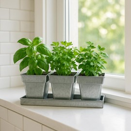 Buyitshipit Herb Planter Set – Galvanized Steel Pots with Rectangular Tray, Rustic Windowsill or Countertop Garden for Basil, Mint, Succulents & Small Flowers - Three 4 Inch Pots on 12 Inch Long Tray