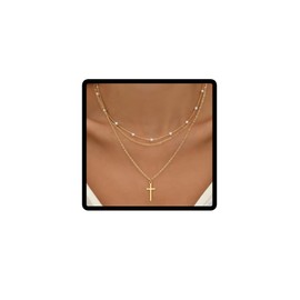 Wedity Cross Necklace Pearl Collar Chain Layered Cross Pendant Necklaces Simple Cute Necklaces Jewelry for Women (Gold)