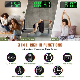 Koolertron Digital Wall Clock, Large Display, LED Clock with Remote Control, RGB Colors Countdown Large Clock with Date Week Temperature for Living Room, Kitchen, Office, Classroom and Gym, Green