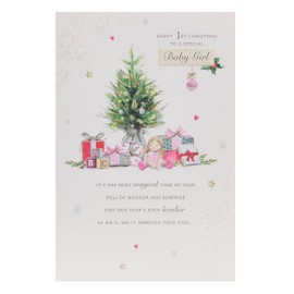 Baby Girl First Christmas Card with Envelope - Lovely, Cute, Design with Christmas Tree, Presents and Soldiers