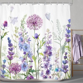 LGhtyro Purple Lavender Wildflower Shower Curtain Bathroom Set 71Wx84H Inches Extra Long Floral Flower Country Plant Botanical Herbs Bath Accessories for Women Art Home Decor Fabric 12 Pack Hooks