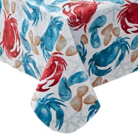 Newbridge Rectangle Vinyl Flannel Backed Tablecloth, 60 x 102 Inch, Stone Crab Print, Blue and Red Indoor Outdoor Waterproof Vinyl Table Cloth, Cape Cod Clambake