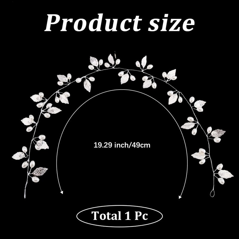 CABODYALS Silver Leaf Hair Piece Vine Pearl Bead Bridal Floral