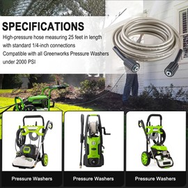 25-Foot Pressure Washer High Pressure Hose, Replacement for Greenworks 5200402, Compatible with all Greenworks Pressure Washers, 1/4-Inch Quick Connect