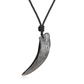 Koai Carved Wolf Silver Obsidian Amulet Necklace