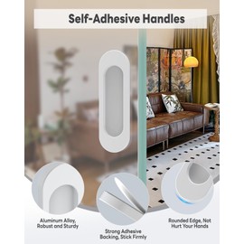 MeBantoo 8 Pack Self-Stick Door Handles, 4 Inch Aluminum Alloy Self Adhesive Flat Finger Pulls, No Drill Cabinet Knobs for Drawer, Sliding Glass/Barn/Closet/Balcony Doors (8, White)