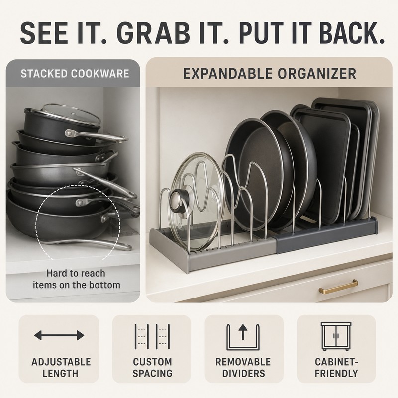 7-Grid Adjustable Pot and Pan Organizer Rack, Expandable Metal Lid