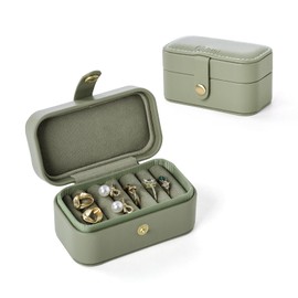BIQI MUSSE Jewelry Ring Case for Travel, PU Leather Jewelry Storage Box for Rings Stud Earrings, Portable Travel Jewelry Organizer Case for Women, Green