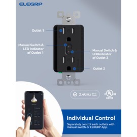 ELEGRP Smart in-Wall Outlet, 2.4GHz Wi-Fi Smart Receptacle Compatible with Alexa and Google Assistant, Tamper Resistant, 2 Individually Controlled Outlets, No Hub Required, UL Listed, Black, 2 Pack