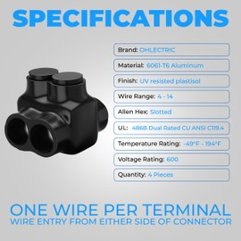 OHLECTRIC Single Entry Splice - 2 Port - 4-14 AWG - Black Insulated Connector - Slotted Allen Hex - Pre-Filled with Oxide Inhibitor - Rubber Vinyl Coating, 6061-T6 Aluminum CU9AL