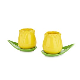 balvi Tulip Coffee Cup Set Yellow/Green 2 Tulip Shaped Coffee Cups and 2 Leaf Plates