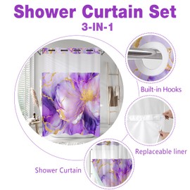 LYLYCTY No Hook Shower Curtain with Snap in Liner Set, Purple and Gold Marble Floral Fabric Shower Curtain for Bathroom Hotel 71x74 Inches