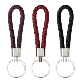 PPhtony Braided Leather Key Fob Car Keychain Ring Woven Strap Keychain Accessories for Men Women Birthday Christmas Gifts (3, Black, Brown, Red)